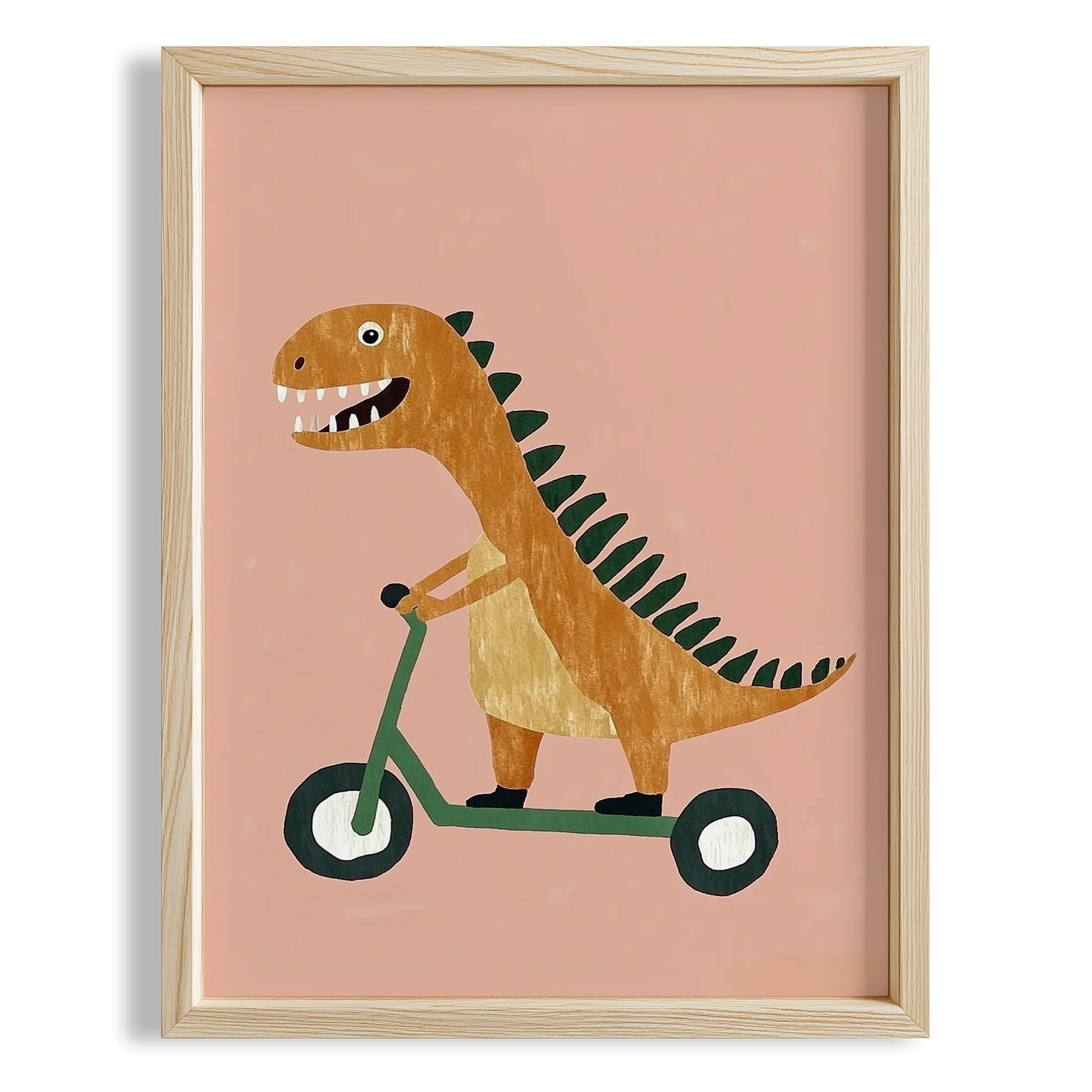 Scooter Süren Dinozor Temalı Pembe Fonlu Çocuk Odası Ahşap Tablo