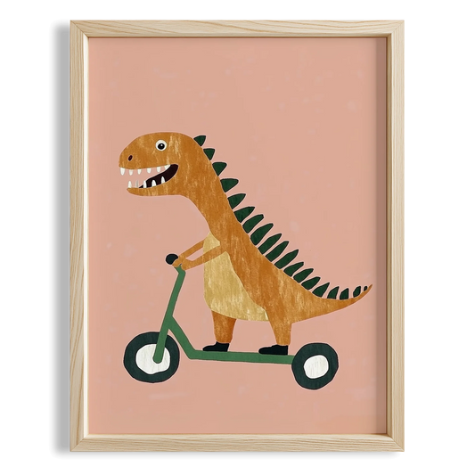 Scooter Süren Dinozor Temalı Pembe Fonlu Çocuk Odası Ahşap Tablo