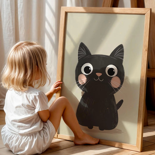 Gülümseyen Tatlı Siyah Kedi Çocuk Odası Ahşap Tablo
