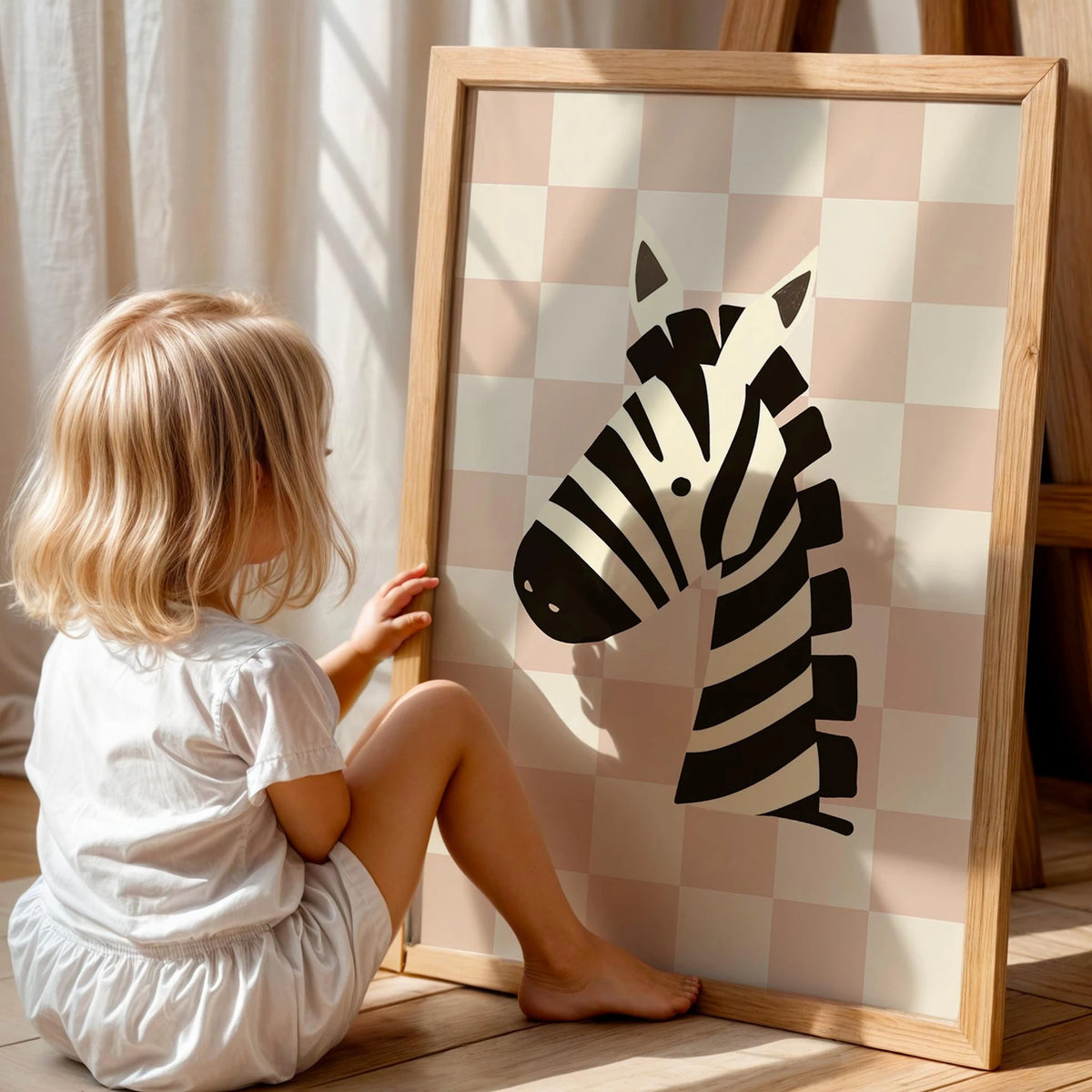 Zebra Sevimli Safari Hayvanları Pembe Kareli Fonlu Çocuk Odası Ahşap Tablo