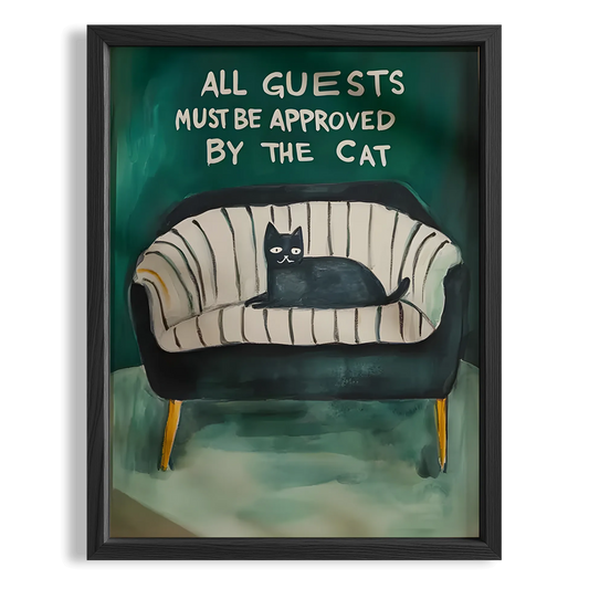 Kedi Baskı III - "All Guests Must Be Approved by the Cat" (Gri Kanepe)
