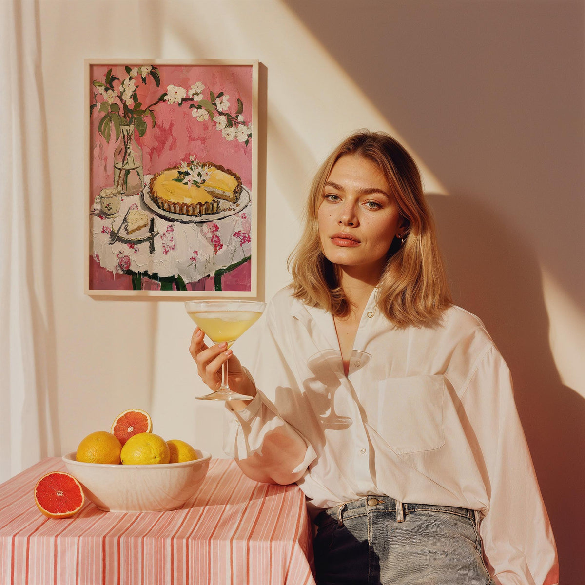 Çiçekler ve Limon Tart Fransız Stil Tatlı Mutfak Duvar Tablosu