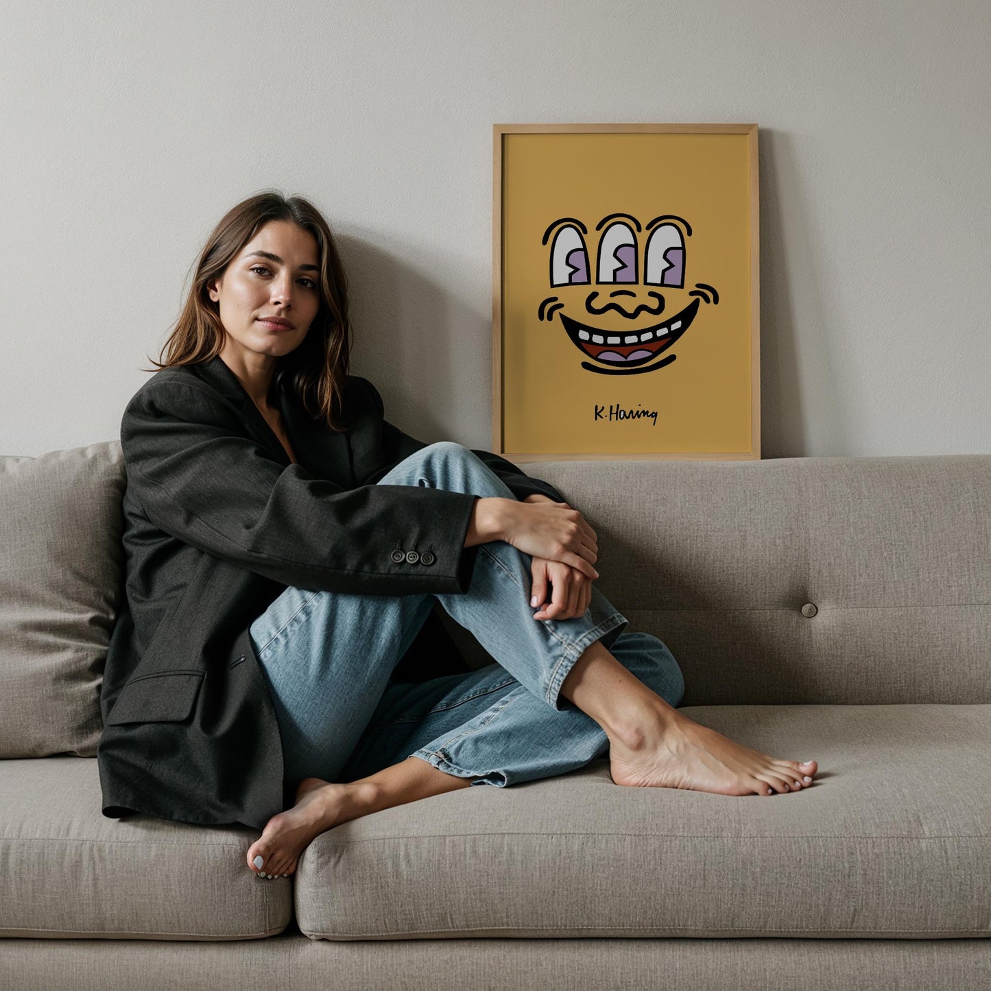 Gülümseyen Yüz - Keith Haring Ahşap Duvar Tablosu