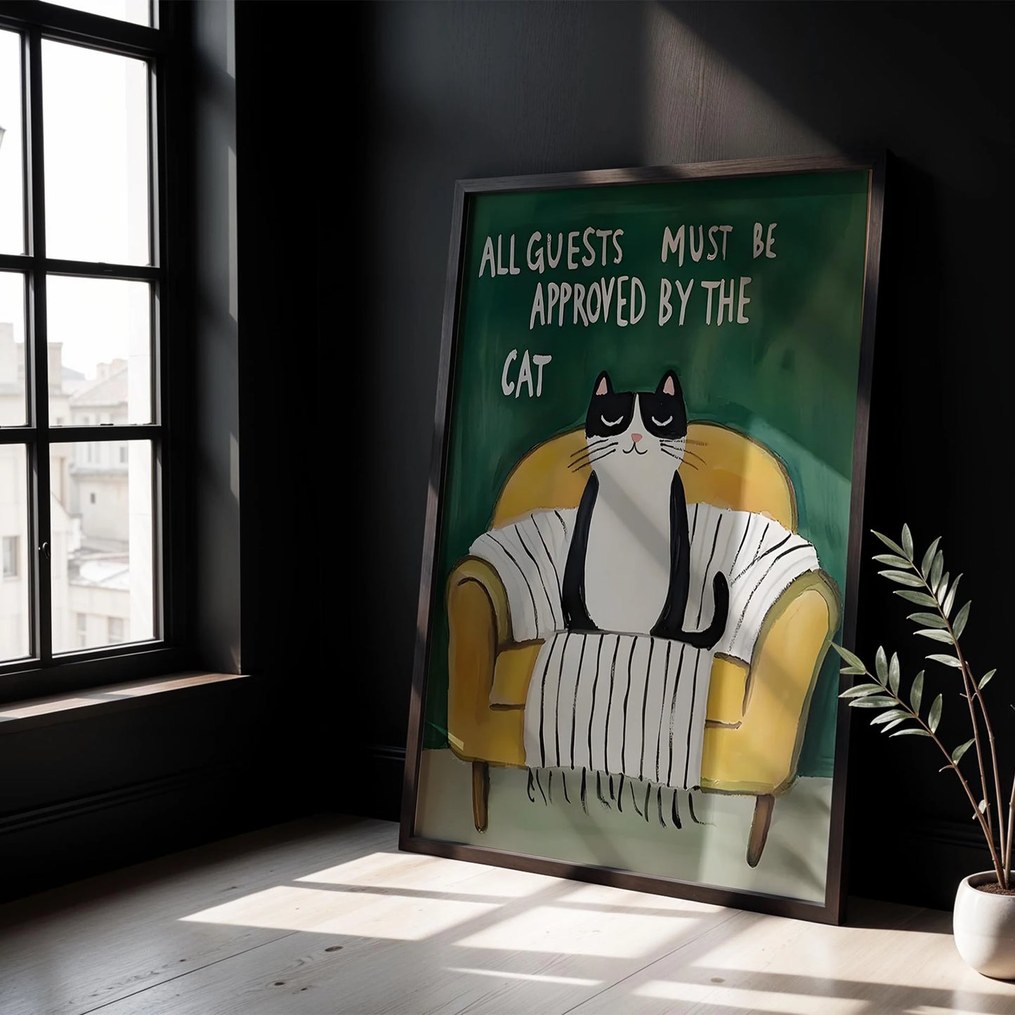 Kedi Baskı IV - "All Guests Must Be Approved by the Cat" (Sarı Kanepe)