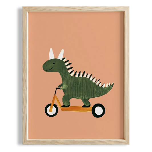 Scooter Süren Dinozor Temalı Bej Fonlu Çocuk Odası Ahşap Tablo
