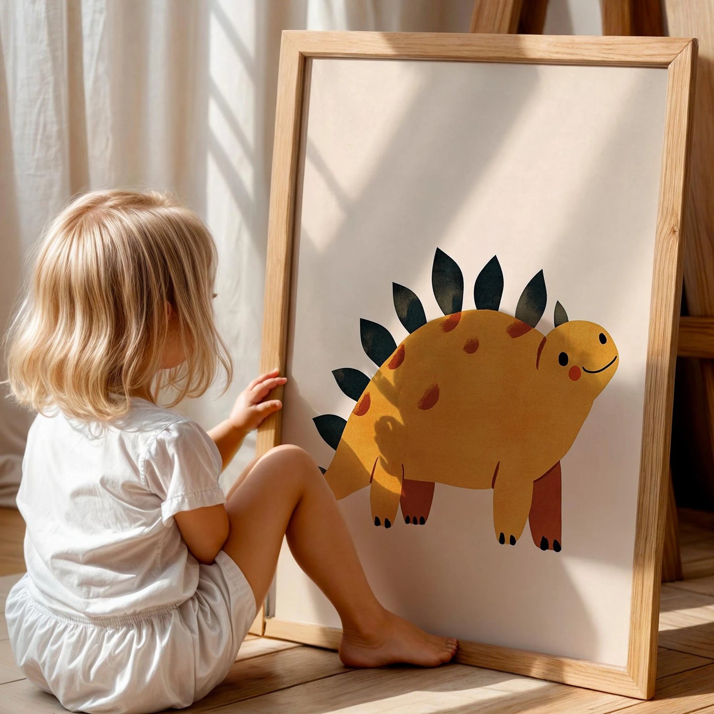 Gülen Dinozor Temalı Pudra Fonlu Çocuk Odası Ahşap Tablo