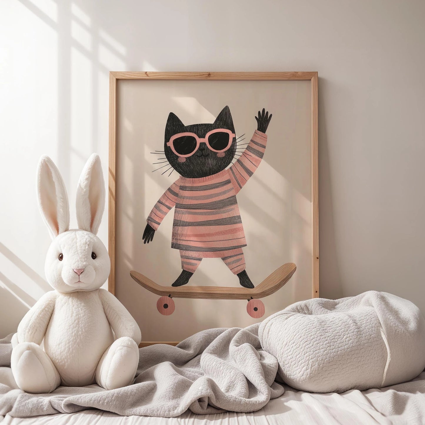 Pijamalı Kaykaycı Kara Kedi - Beyaz Fon
