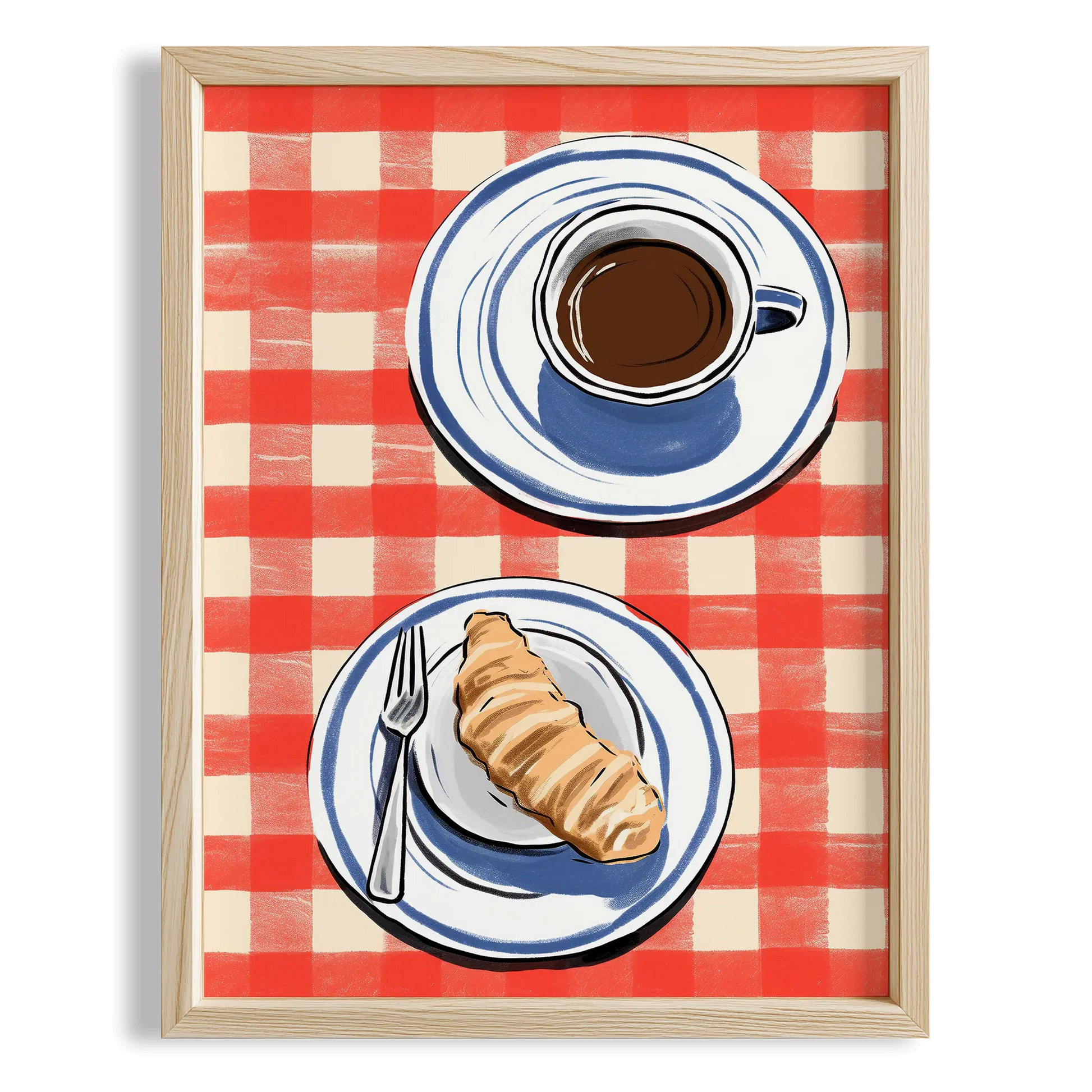 Kırmızı Kareli Masa ve Kahve-Croissant Mutfak Duvar Tablosu