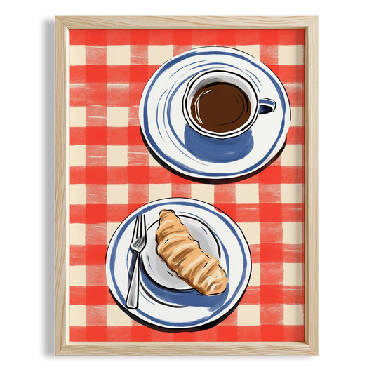 Kırmızı Kareli Masa ve Kahve-Croissant Mutfak Duvar Tablosu