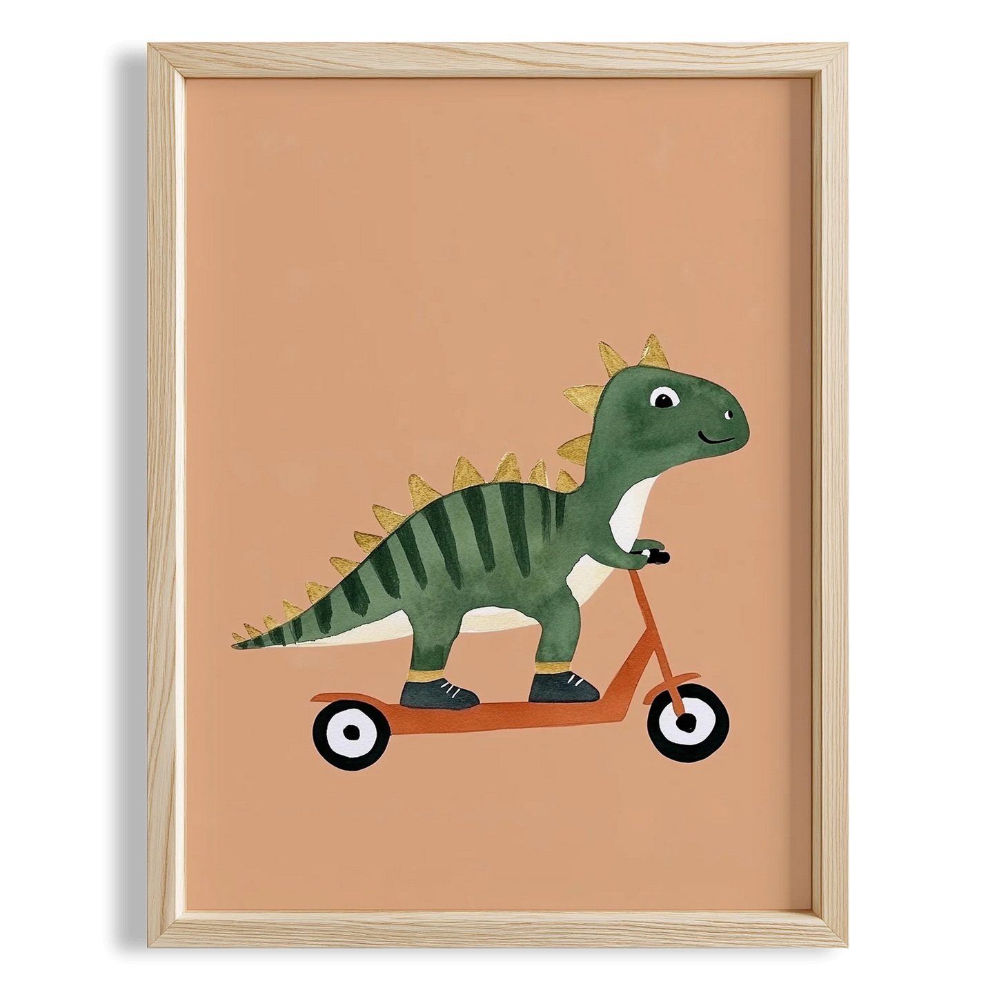 Scooter Süren Dinozor Temalı Krem Fonlu Çocuk Odası Ahşap Tablo III