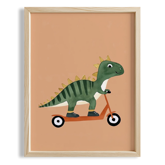 Scooter Süren Dinozor Temalı Krem Fonlu Çocuk Odası Ahşap Tablo III
