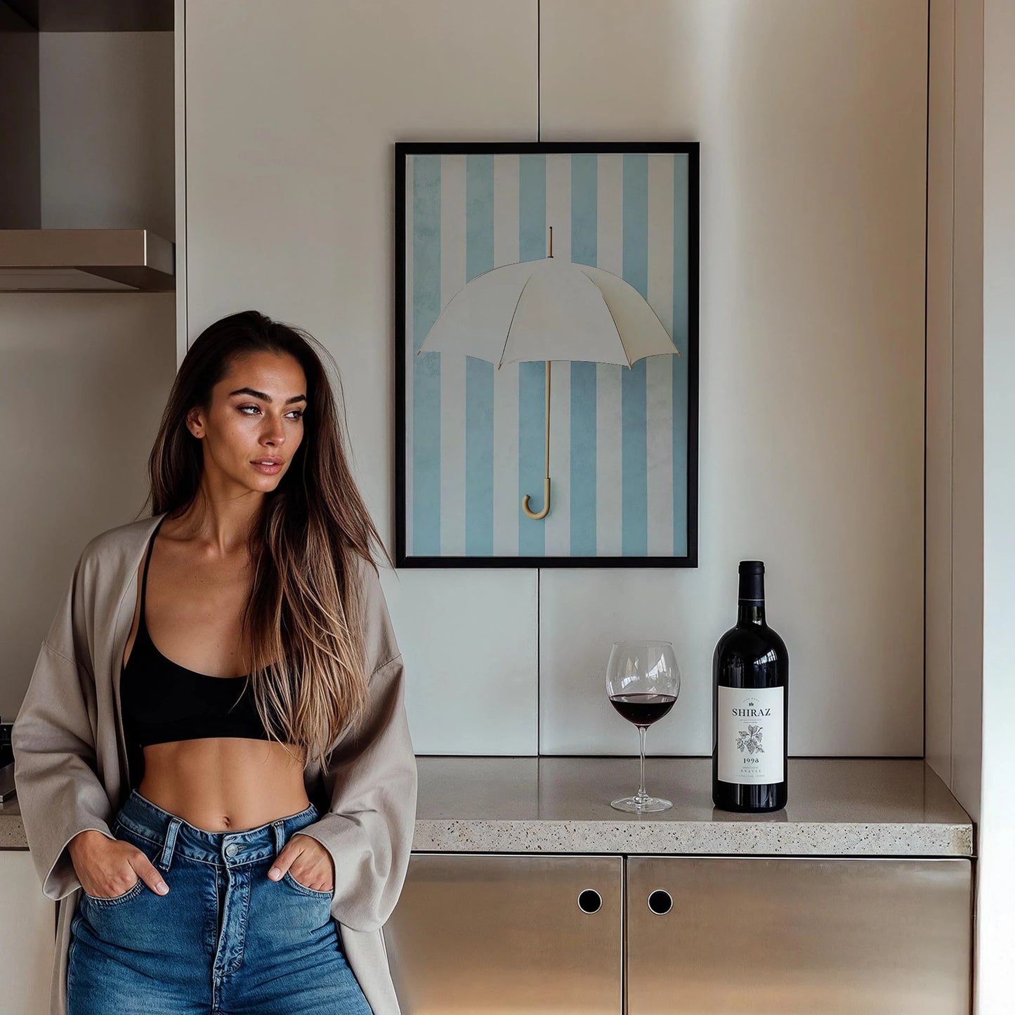 Beyaz Şemsiye Minimalist Çizim - Duvar Tablosu