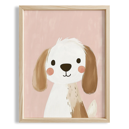 Sevimli Yavru Köpek Pembe Fonlu Kız Çocuk Odası Ahşap Tablo II