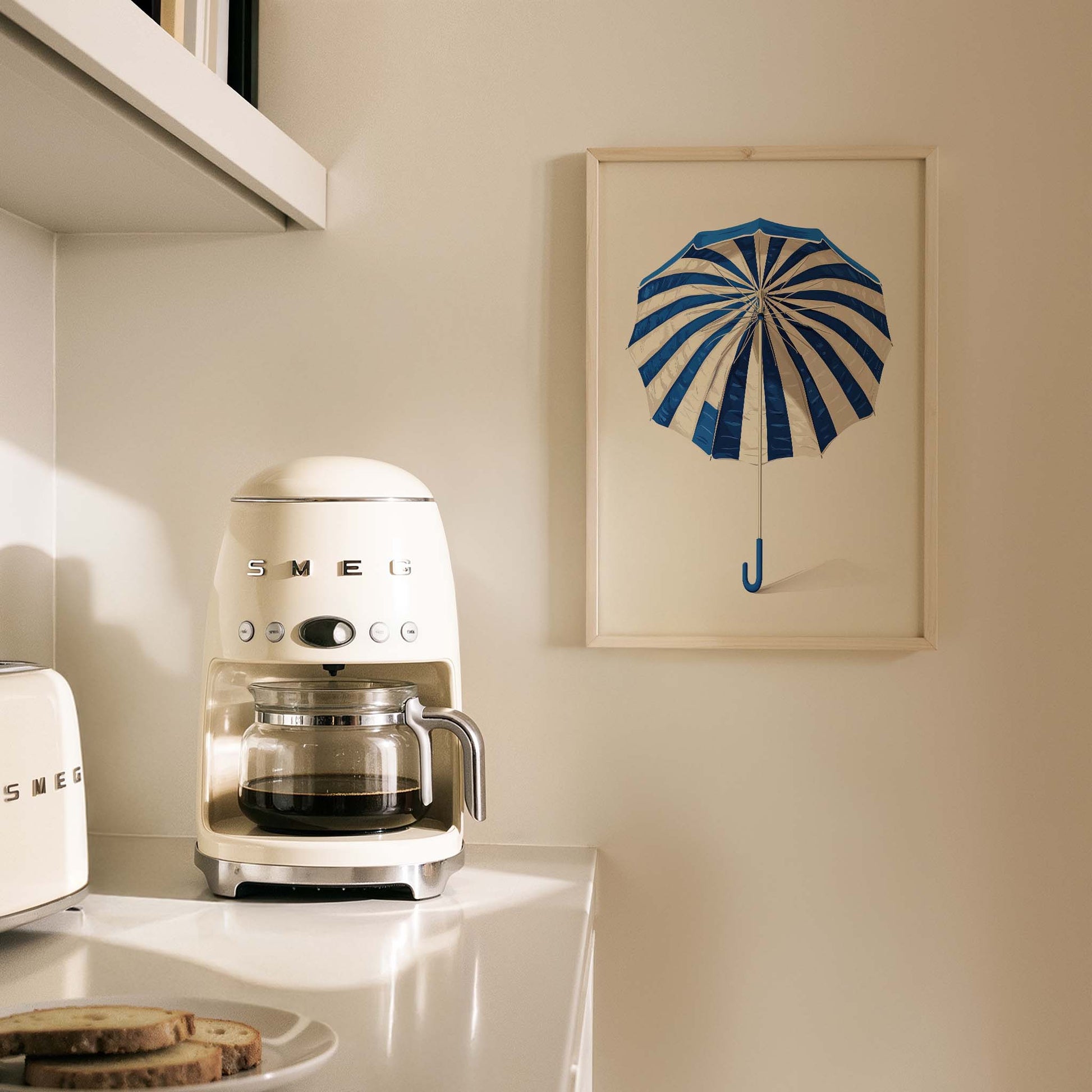 Mavi Çizgili Şemsiye Minimalist Çizim - Duvar Tablosu