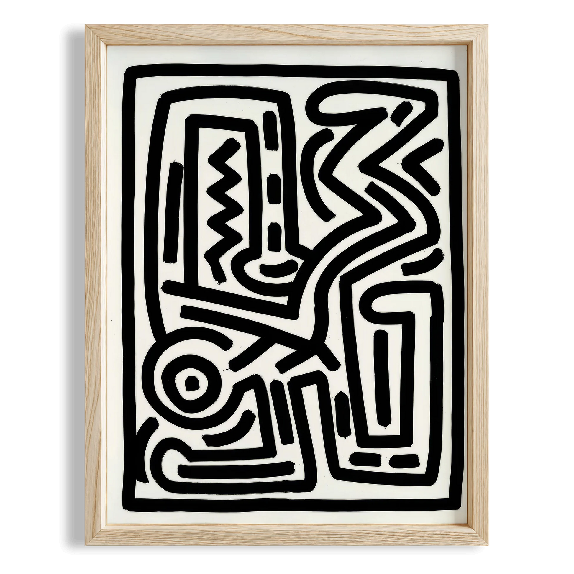 Siyah Beyaz Labirent - Keith Haring Ahşap Duvar Tablosu
