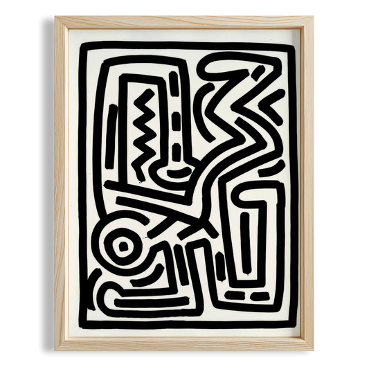 Siyah Beyaz Labirent - Keith Haring Ahşap Duvar Tablosu