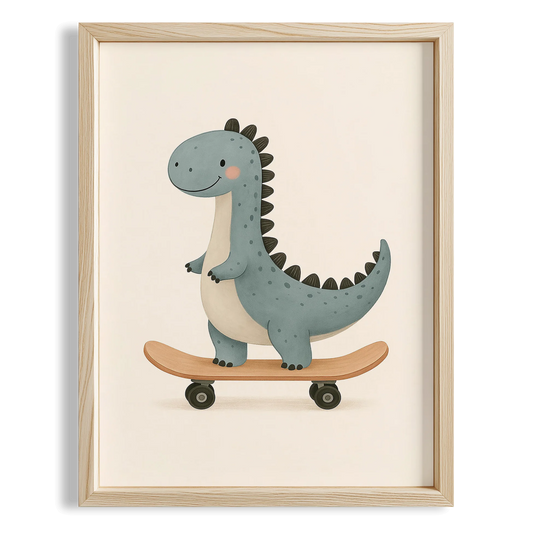 Kaykay Süren Dinozor Minimalist Erkek Çocuk Odası Ahşap Tablo