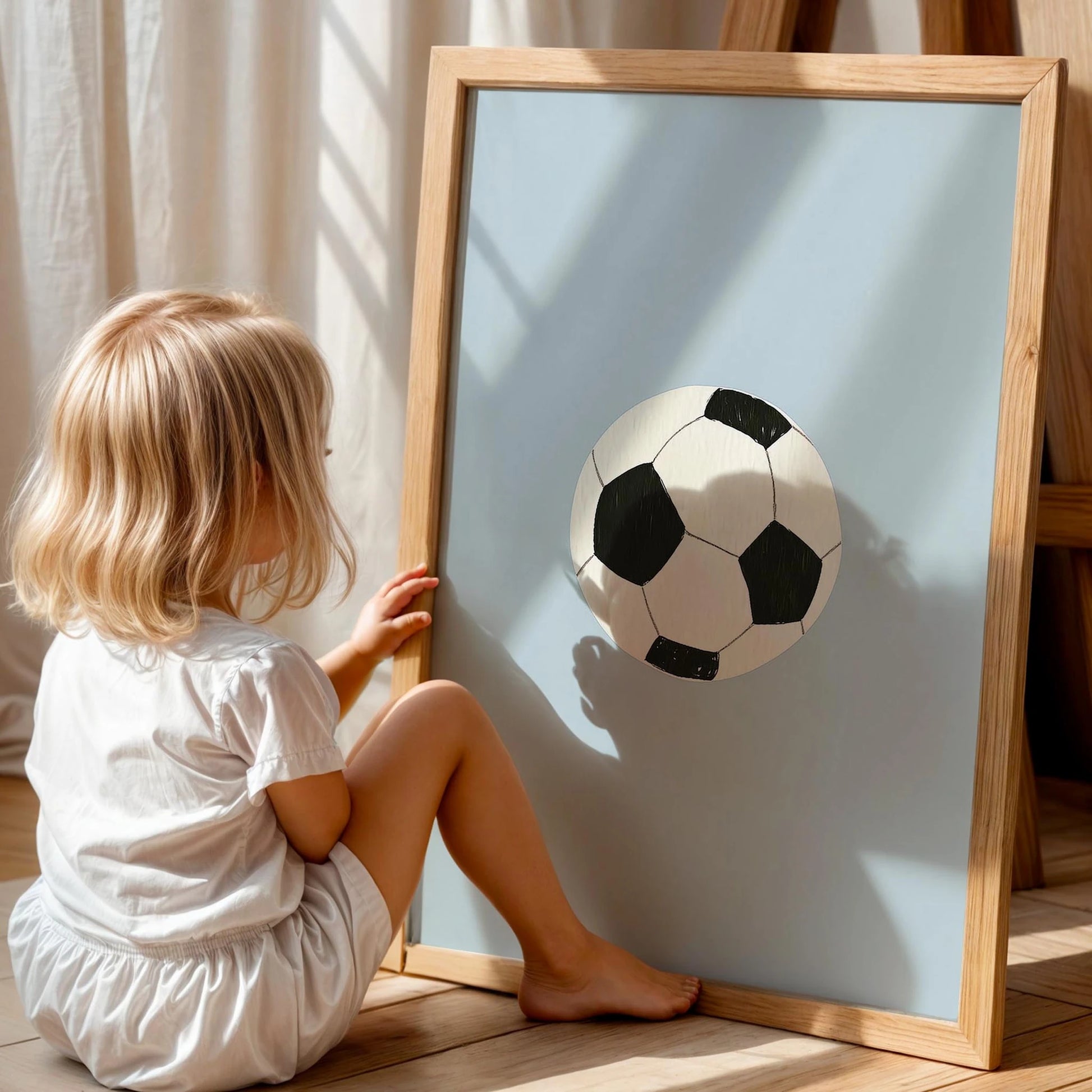Futbol Topu Mavi Fonlu Spor Temalı Çocuk Odası Ahşap Tablo