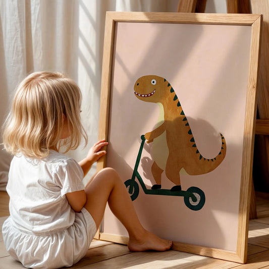 Scooter Süren Dinozor Temalı Pudra Fonlu Çocuk Odası Ahşap Tablo