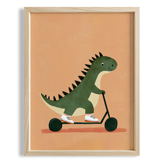 Scooter Süren Dinozor Temalı Krem Fonlu Çocuk Odası Ahşap Tablo II