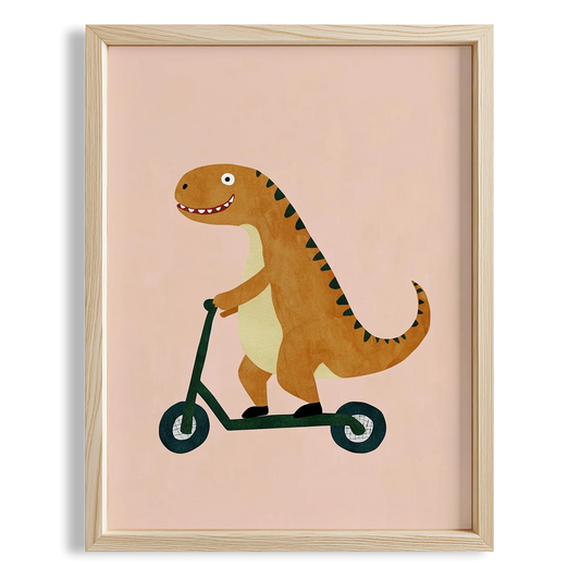 Scooter Süren Dinozor Temalı Pudra Fonlu Çocuk Odası Ahşap Tablo