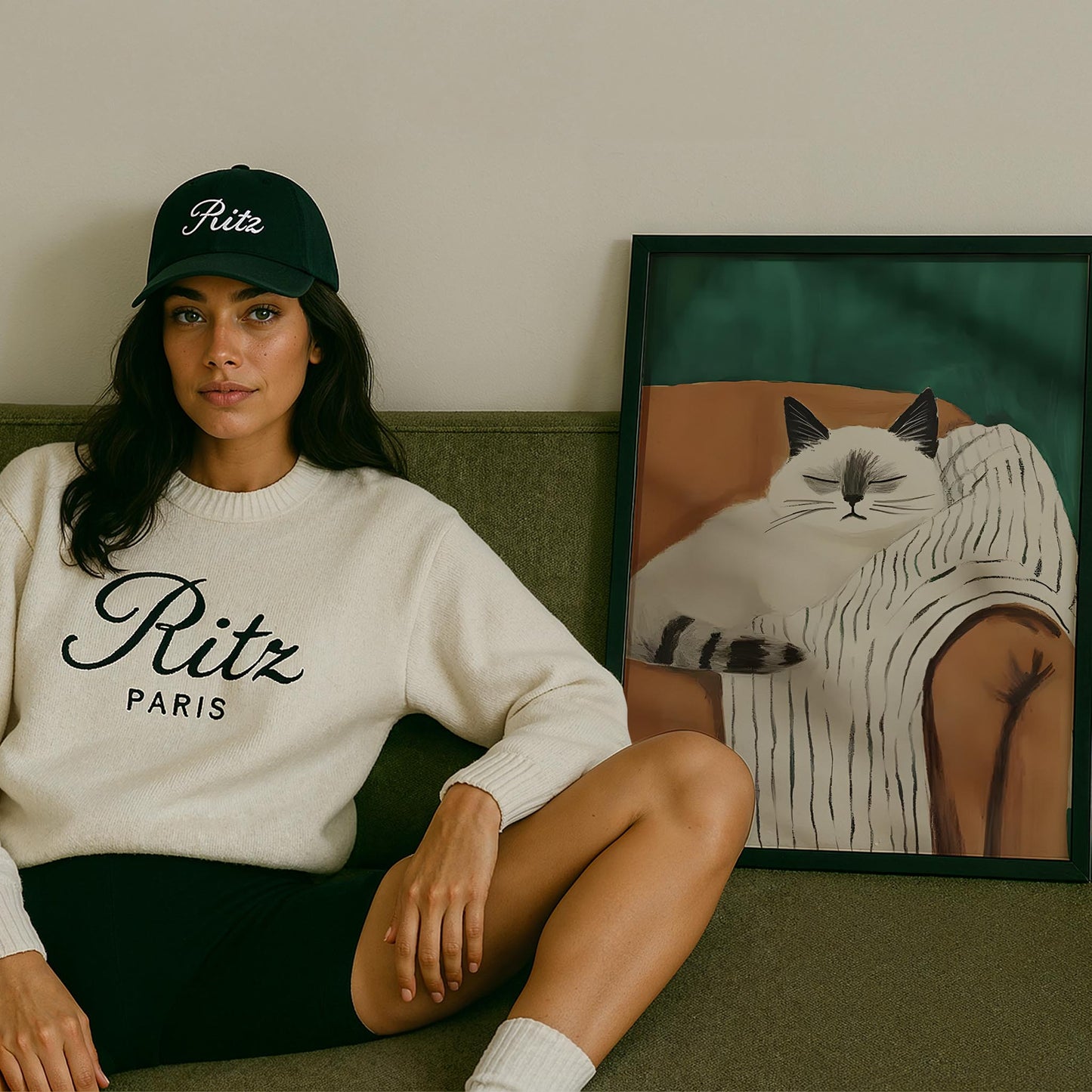 Kedi & Battaniye I - Krem Koltuk