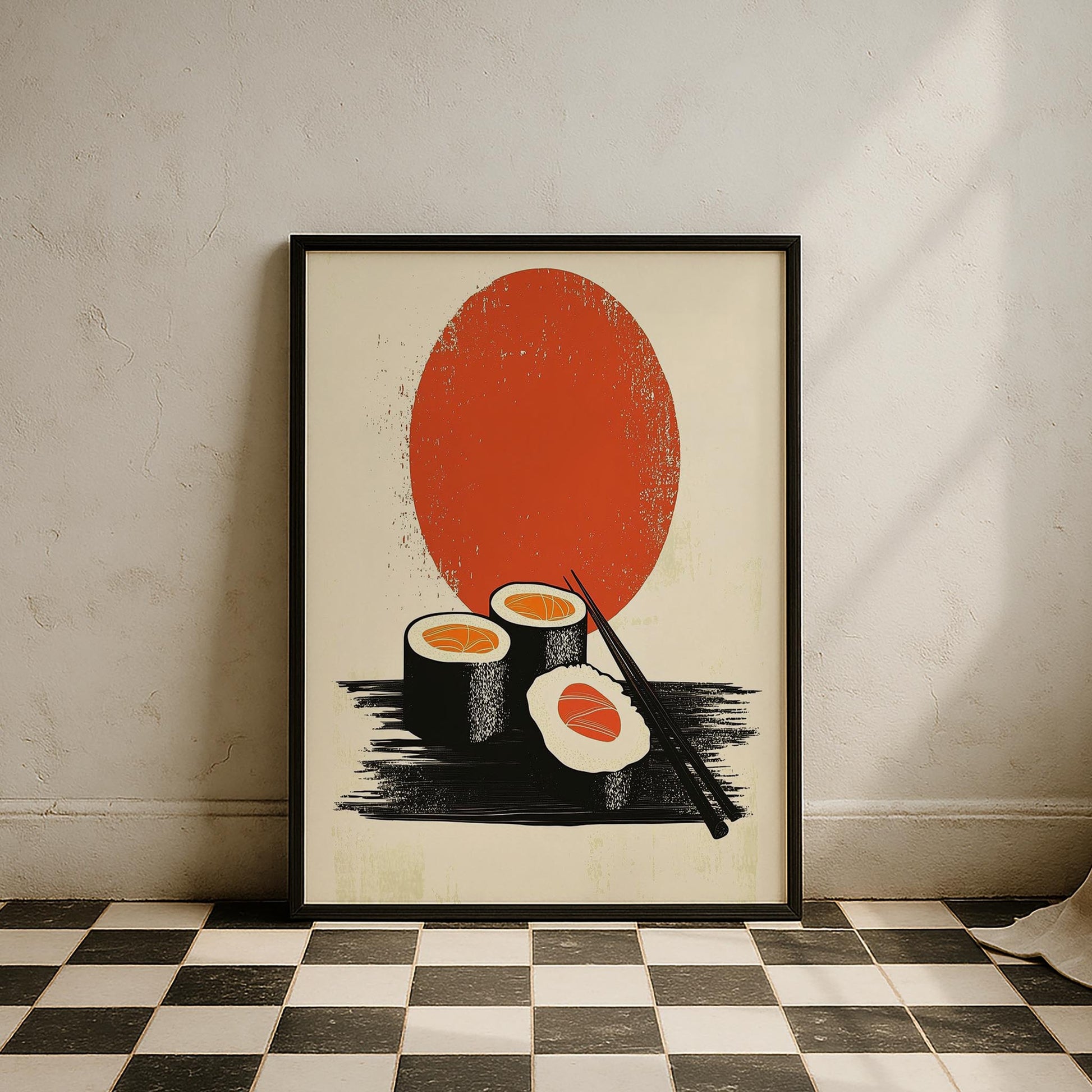 Japon Güneşi ve Sushi Retro Japon Tarzı Mutfak Duvar Tablosu