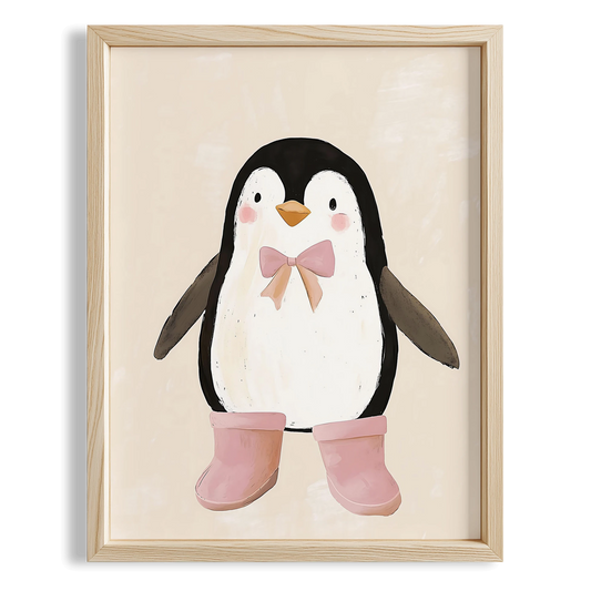 Sevimli Pembe Papyonlu Penguen Bohem Kız Çocuk Odası Ahşap Tablo