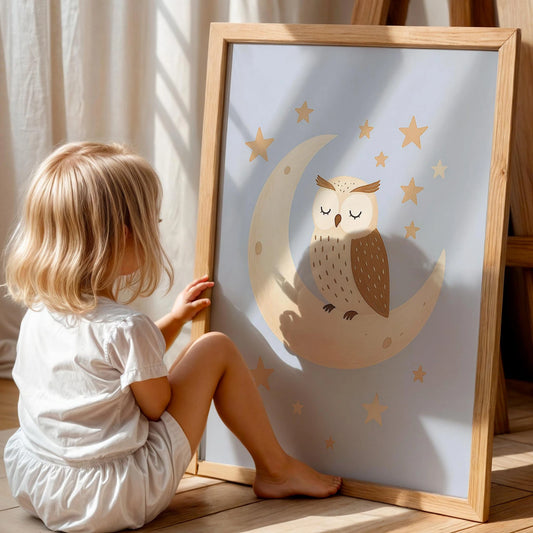 Aydede Yıldızlar ve Baykuş Erkek Çocuk Odası Ahşap Tablo