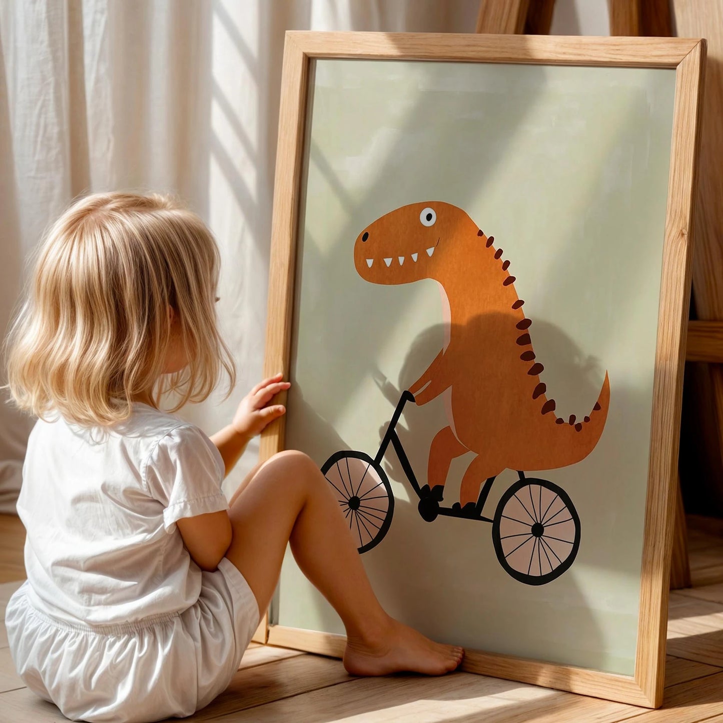Bisiklet Süren Dinozor Temalı Yeşil Fon Çocuk Odası Ahşap Tablo II