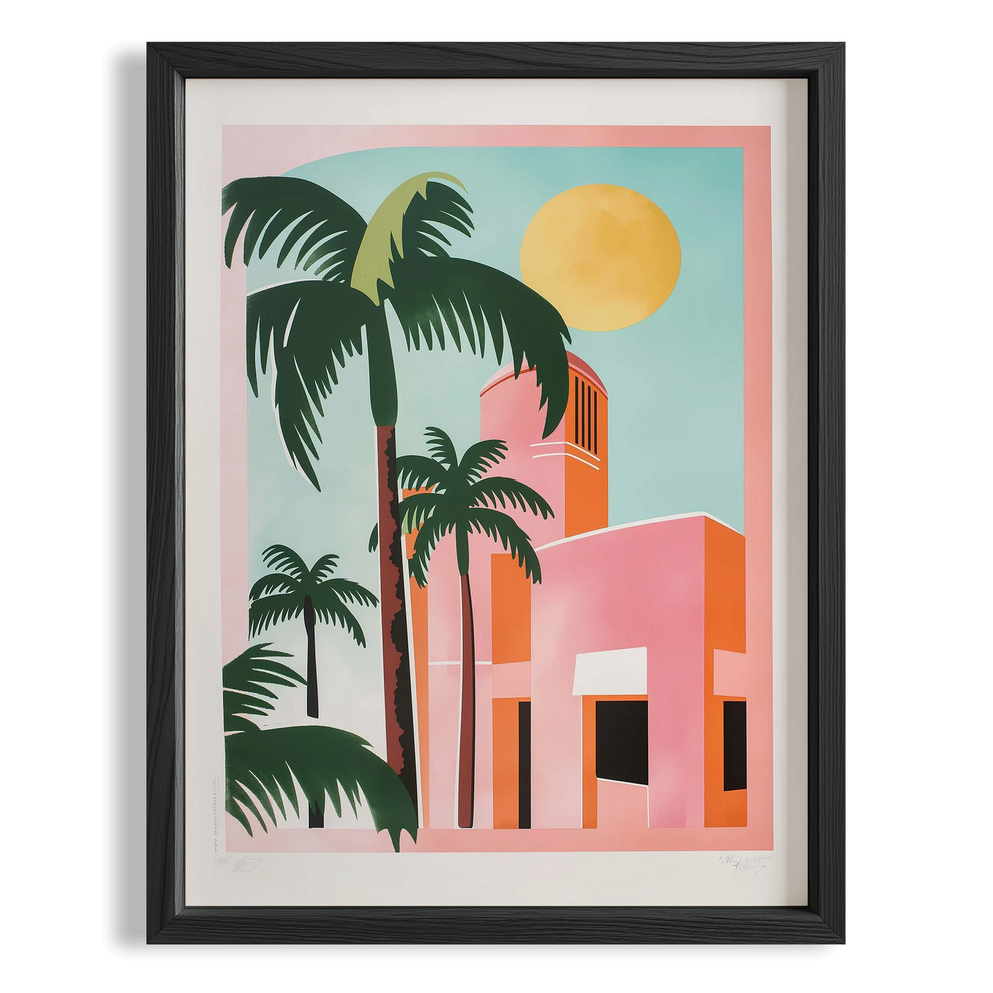 Pembe Villa ve Palmiyeler Maximalist - Duvar Tablosu