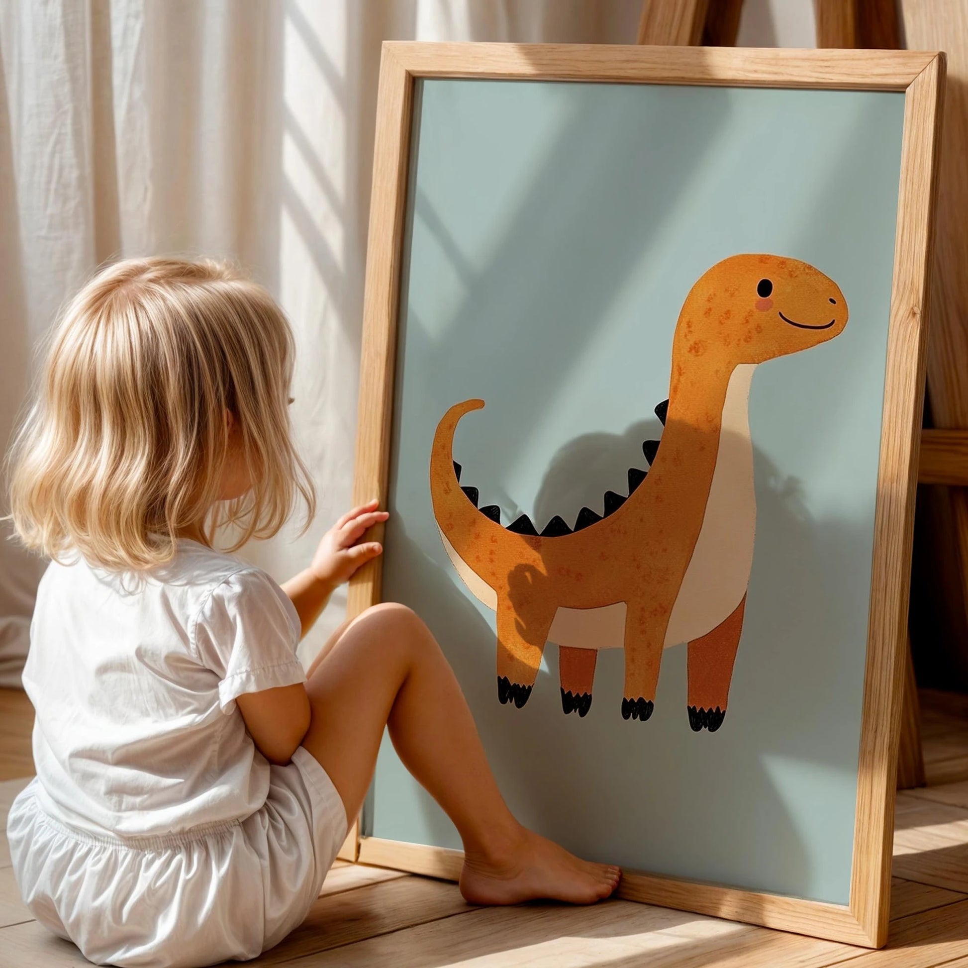 Şirin Dinozor Temalı Açık Mavi Fonlu Çocuk Odası Ahşap Tablo