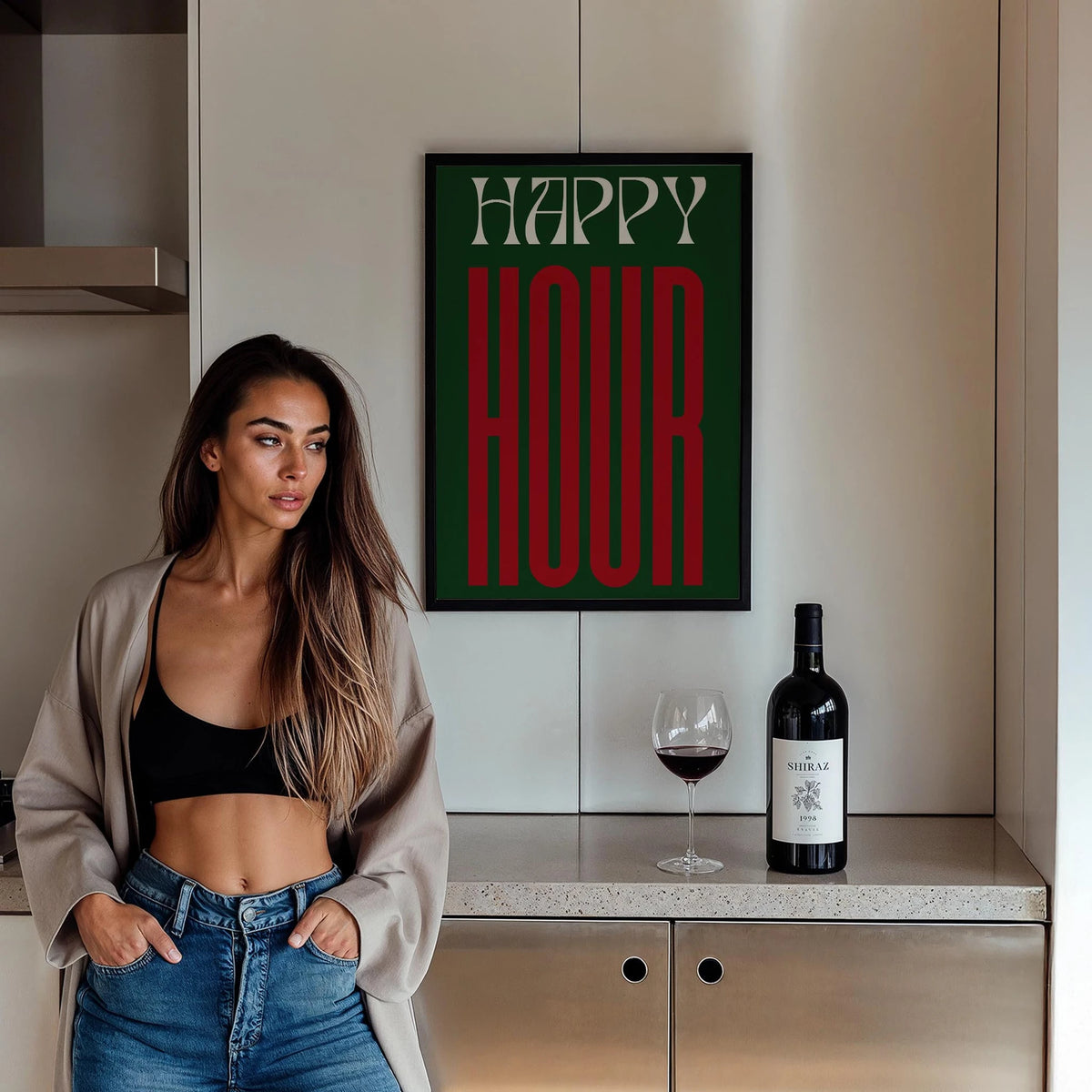 Happy Hour Yeşil Tipografi Mutfak Duvar Tablosu