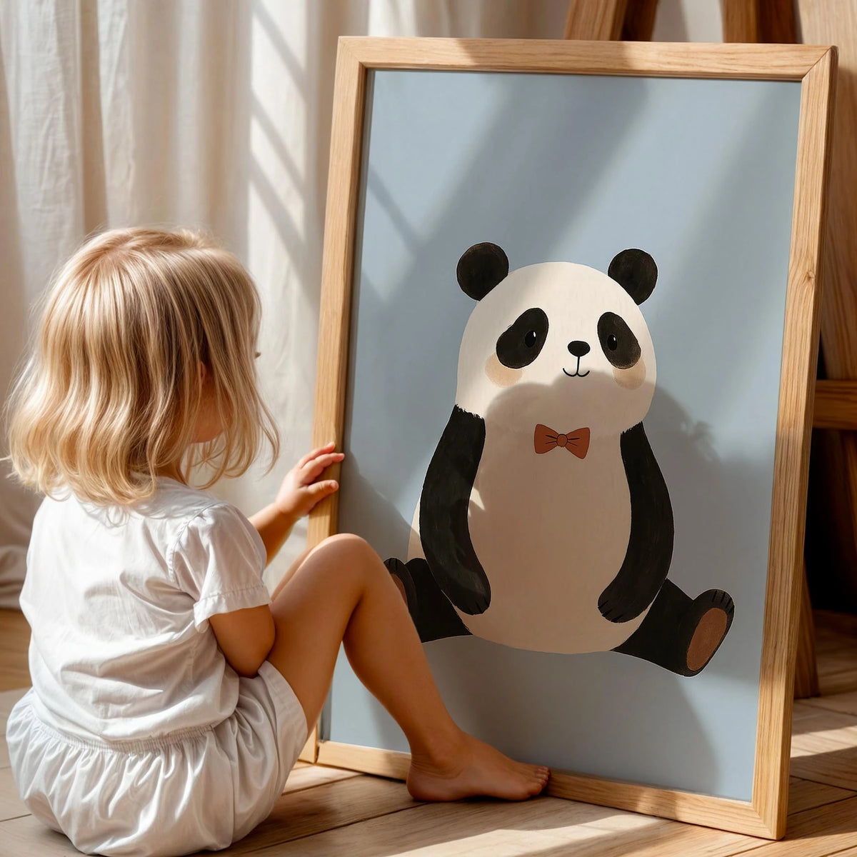 Sevimli Panda Mavi Fonlu Çocuk Odası Ahşap Tablo