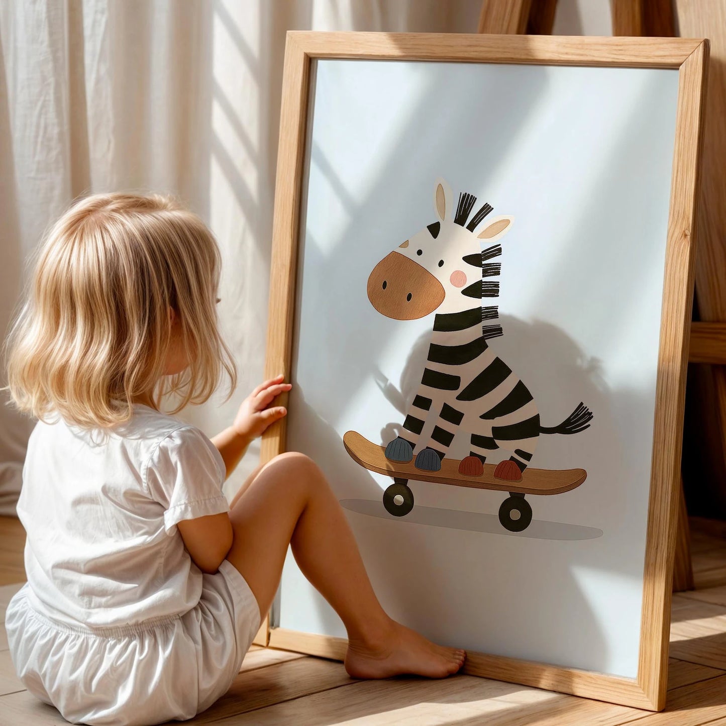 Sevimli Kaykaycı Zebra Mavi Arka Fonlu Çocuk Odası Ahşap Tablo
