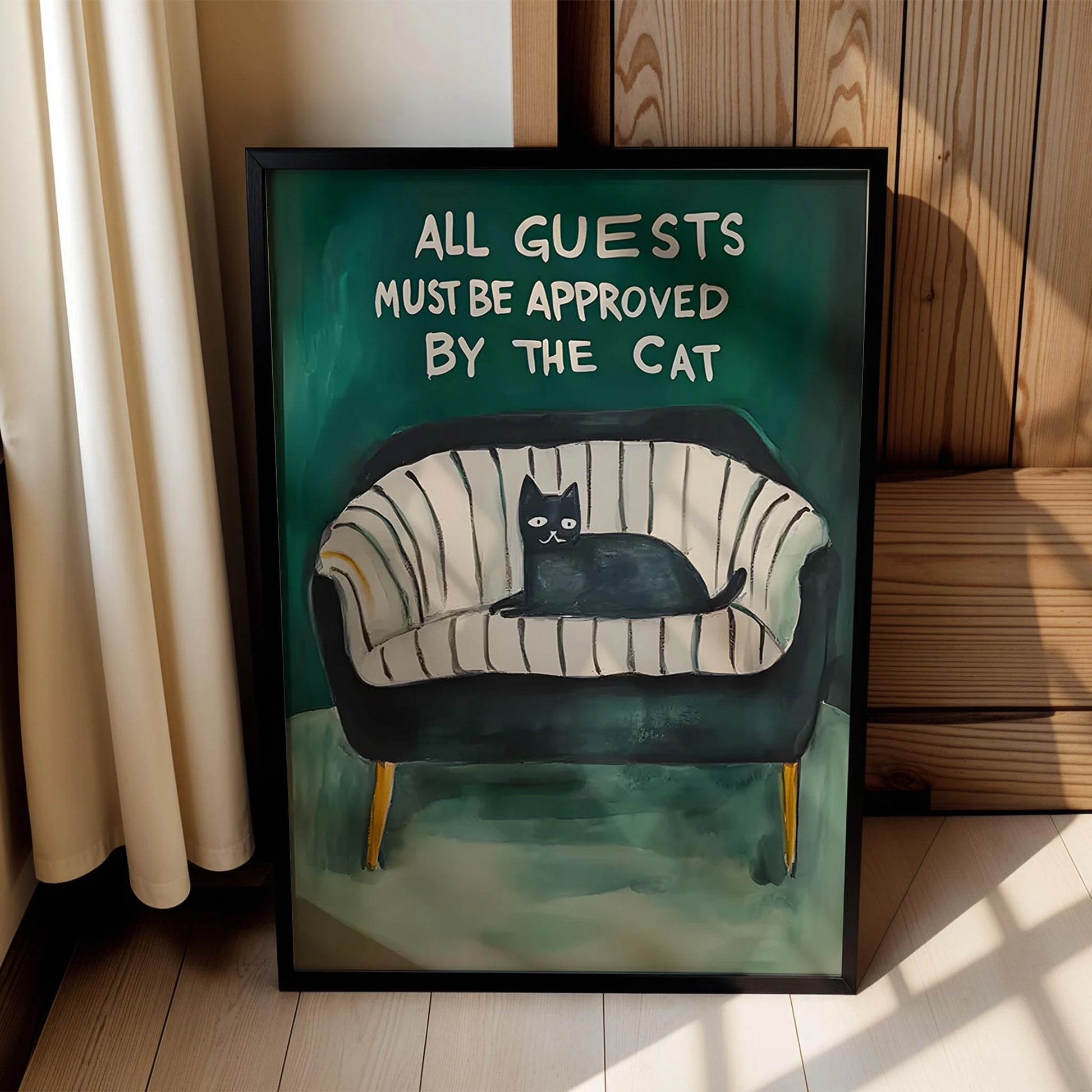 Kedi Baskı III - "All Guests Must Be Approved by the Cat" (Gri Kanepe)
