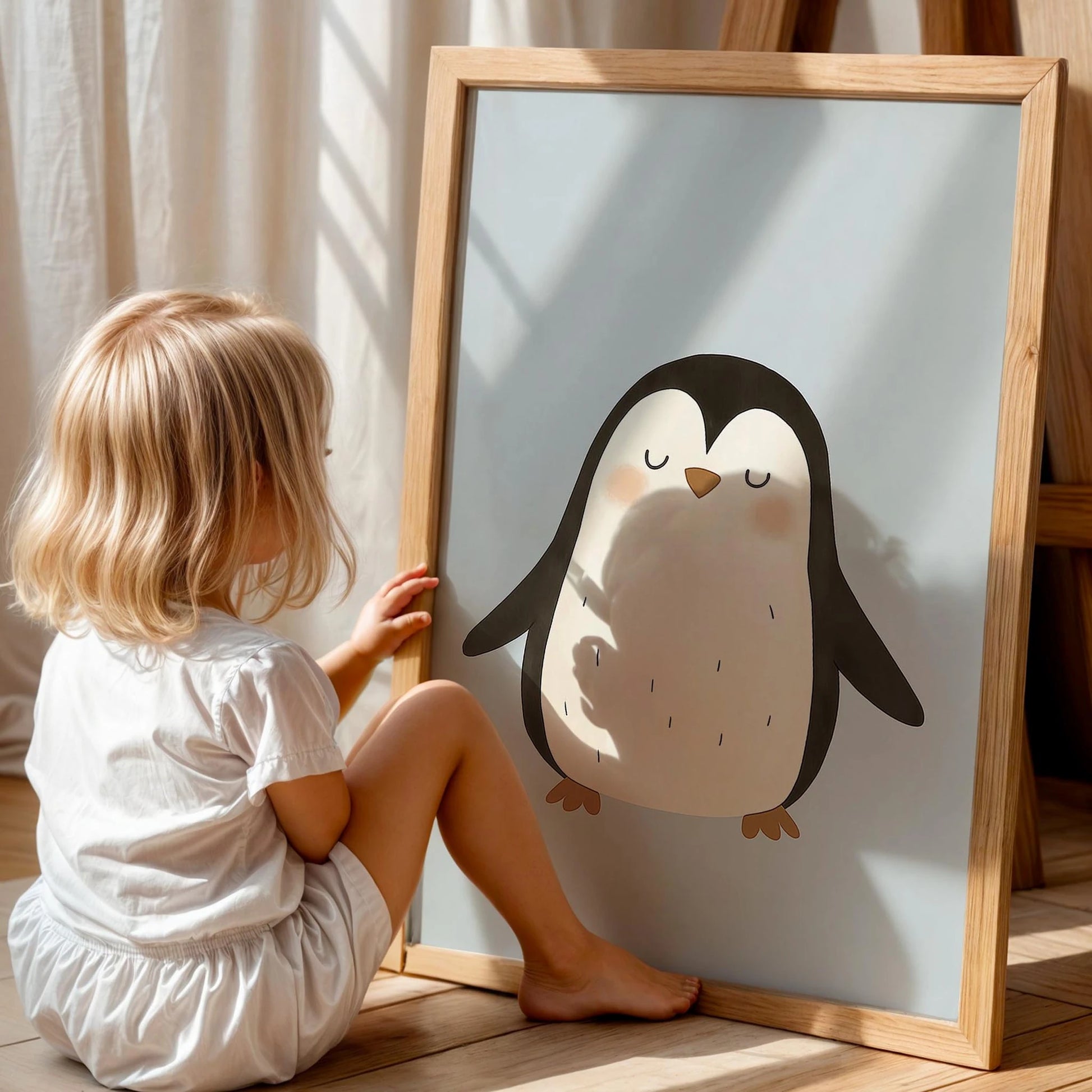 Sevimli Yavru Penguen Mavi Fonlu Çocuk Odası Ahşap Tablo