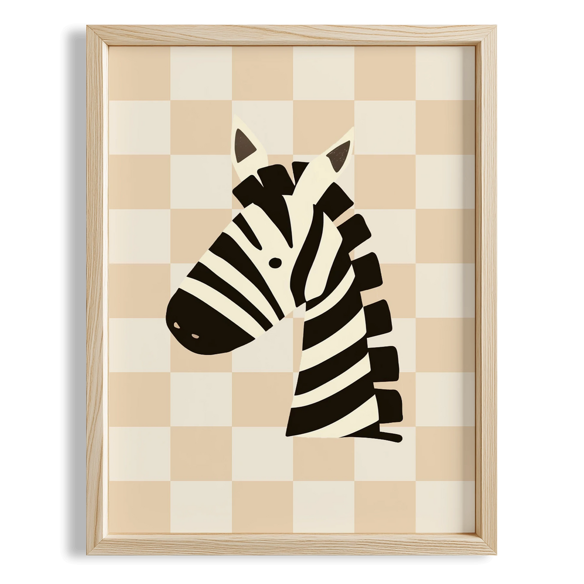 Zebra Sevimli Safari Hayvanları Krem Kareli Fonlu Çocuk Odası Ahşap Tablo