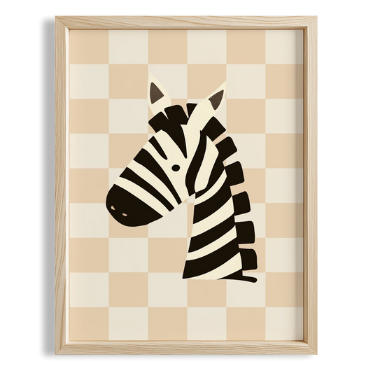Zebra Sevimli Safari Hayvanları Krem Kareli Fonlu Çocuk Odası Ahşap Tablo