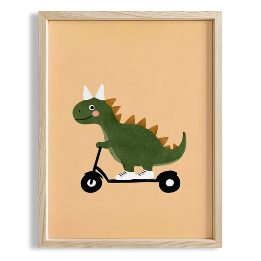 Scooter Süren Dinozor Temalı Sarı Fonlu Çocuk Odası Ahşap Tablo