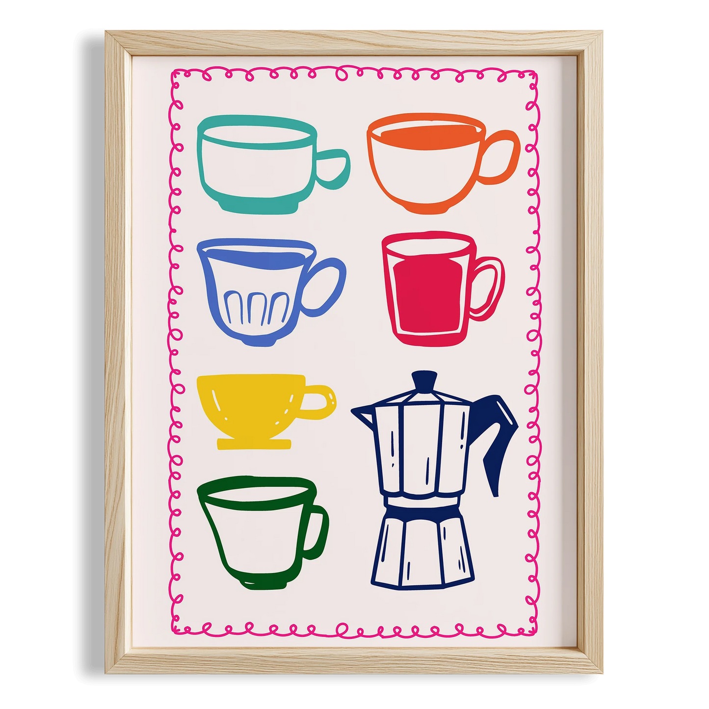 Kahve Kupaları ve Moka Pot Renkli Minimal Çizimler Mutfak Duvar Tablosu