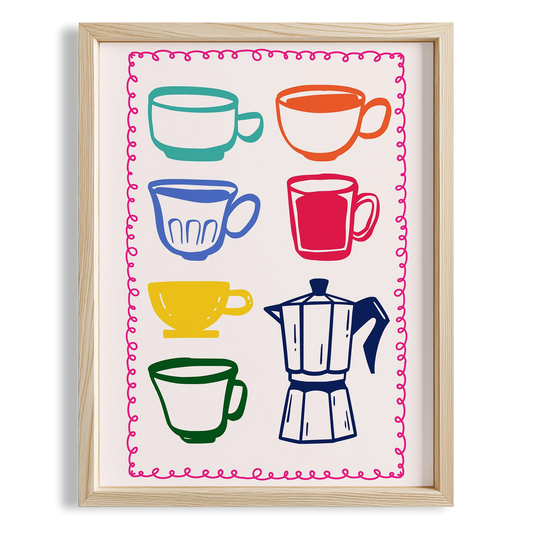 Kahve Kupaları ve Moka Pot Renkli Minimal Çizimler Mutfak Duvar Tablosu