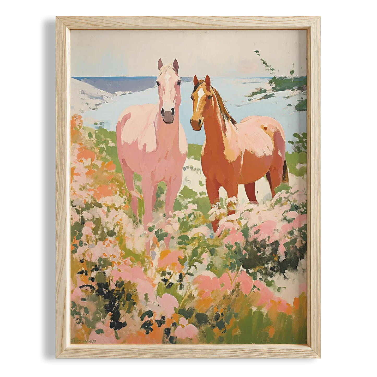 Pembe Çiçekli Kırda Atlar - Maximalist Duvar Tablosu