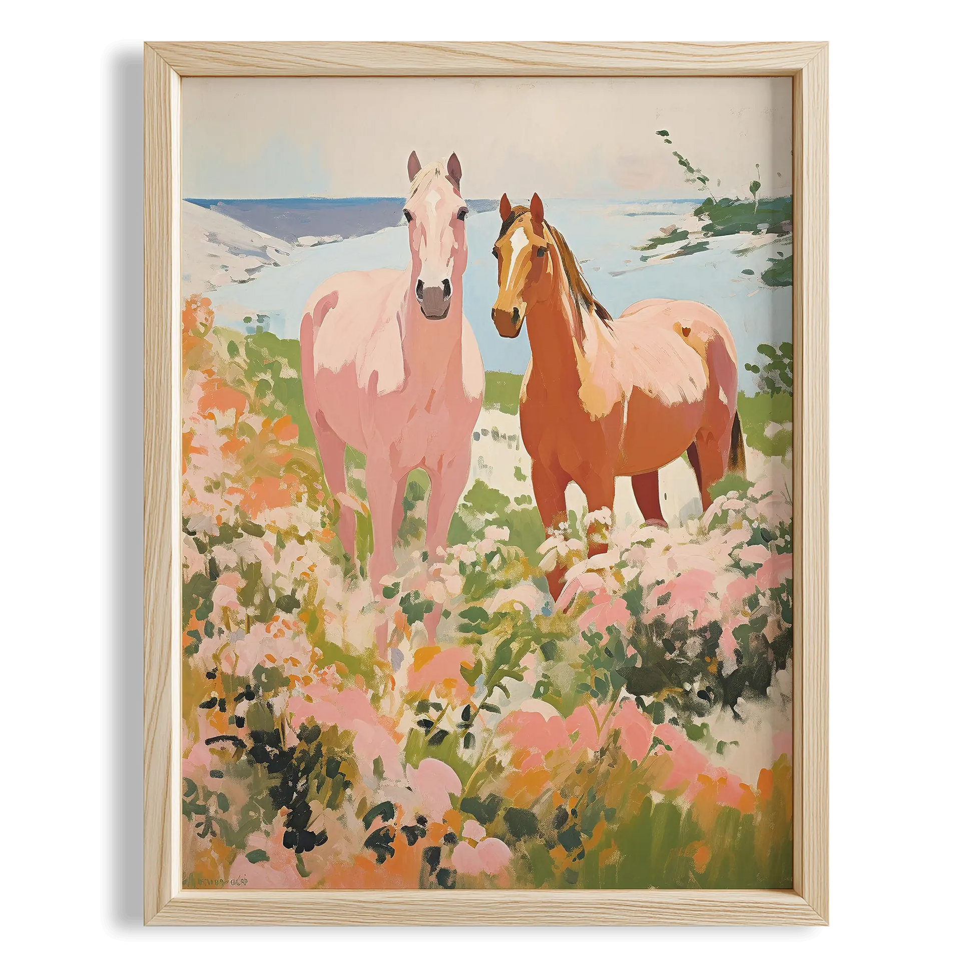 Pembe Çiçekli Kırda Atlar - Maximalist Duvar Tablosu