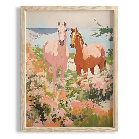Pembe Çiçekli Kırda Atlar - Maximalist Duvar Tablosu