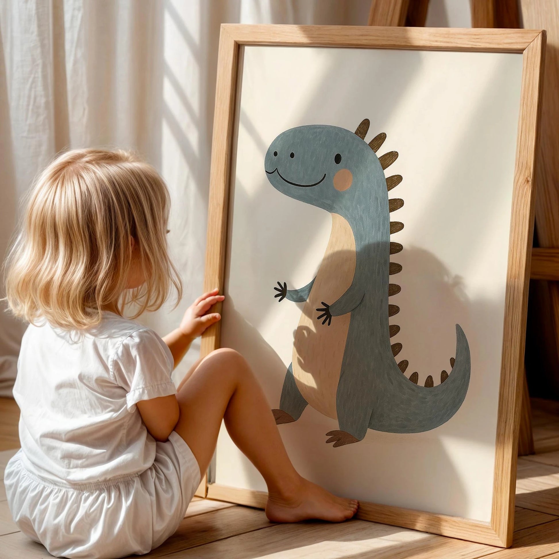 Sevimli Mavi Yavru Dinozor Erkek Çocuk Odası Ahşap Tablo