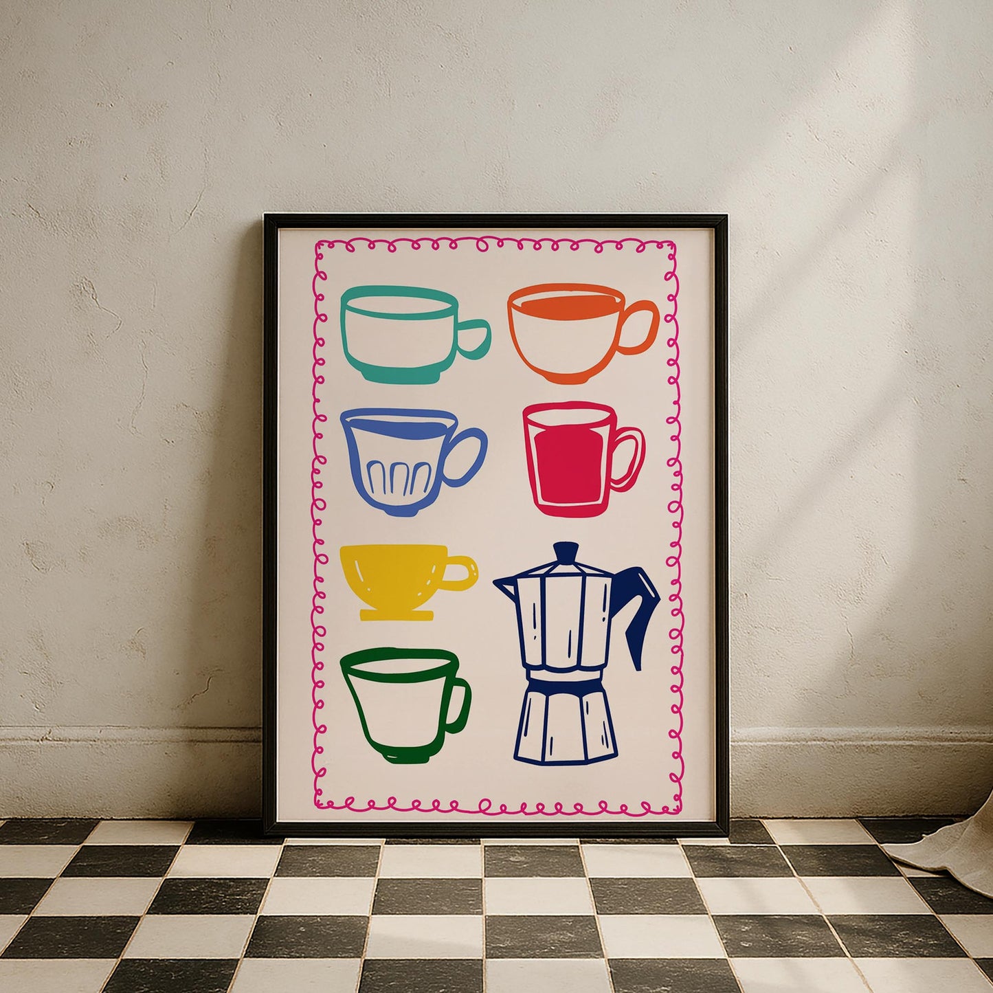 Kahve Kupaları ve Moka Pot Renkli Minimal Çizimler Mutfak Duvar Tablosu