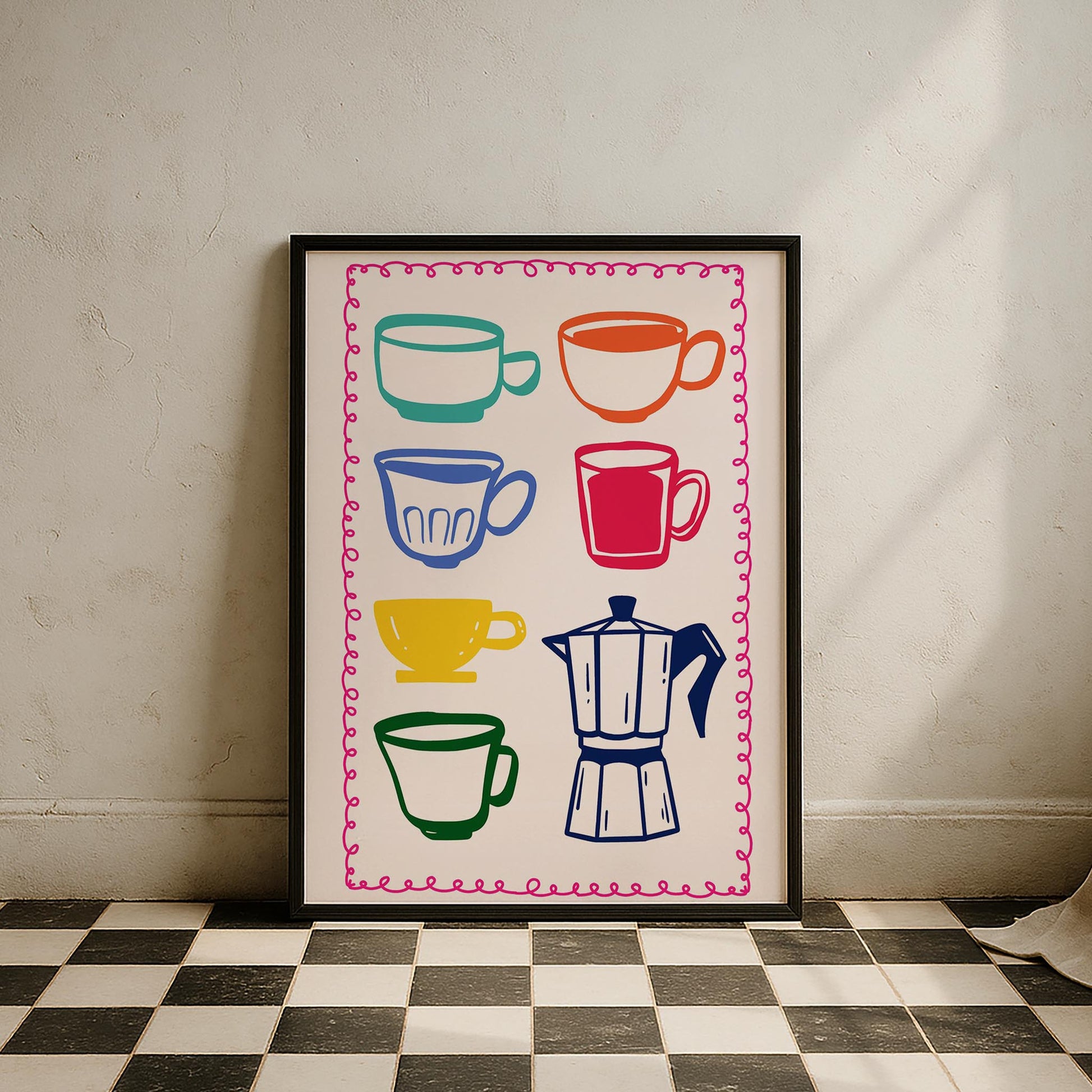 Kahve Kupaları ve Moka Pot Renkli Minimal Çizimler Mutfak Duvar Tablosu