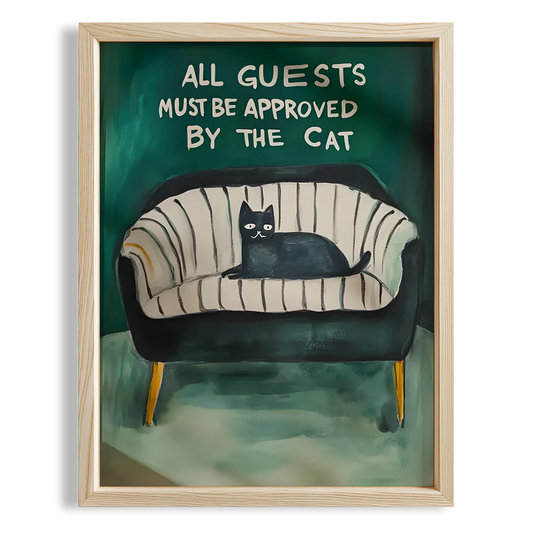 Kedi Baskı III - "All Guests Must Be Approved by the Cat" (Gri Kanepe)