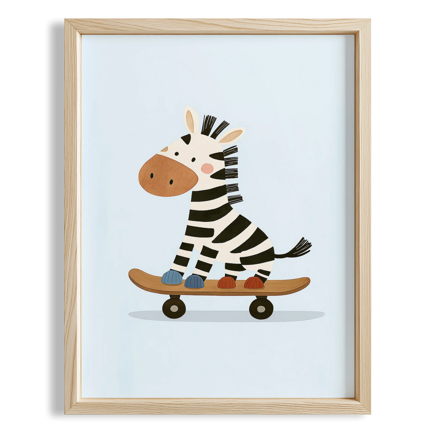 Sevimli Kaykaycı Zebra Mavi Arka Fonlu Çocuk Odası Ahşap Tablo